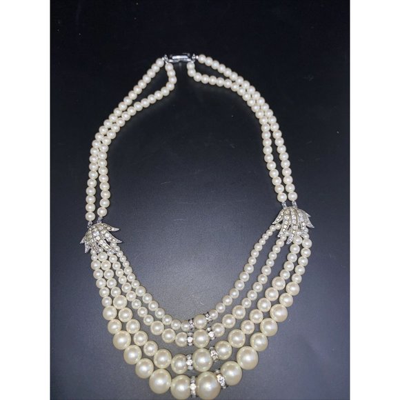 Art Deco Style multi Strand Faux Pearl And Rhinestone Wedding Necklace - Picture 1 of 8